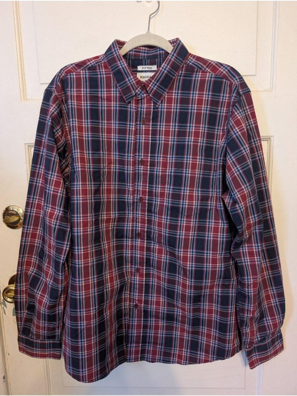 Men's Haggar Fitted Red Blue Plaid Long-sleeve Button-up Shirt Size L Classic